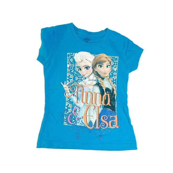 Disney Frozen Girls Sz S 4 Blue Anna Elsa Short Sleeved Graphic Print T-shirt